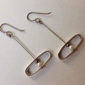 Sterling Silver Oval Earrings Pearl Beaded Unique Retro Dangle Handmade Pierced
